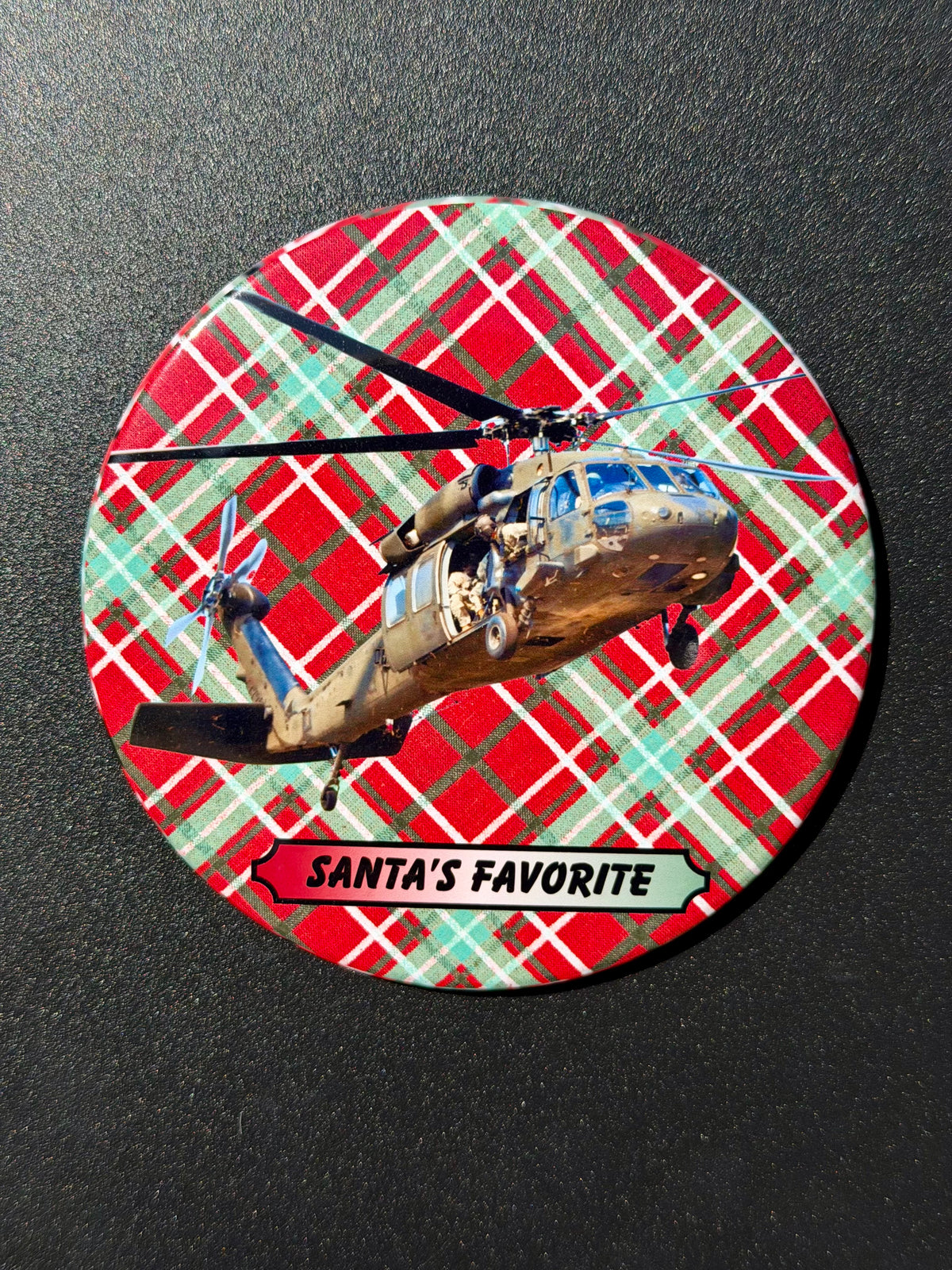 Santa’s Favorite Black Hawk Helicopter Magnet – 3.5” Round Magnet