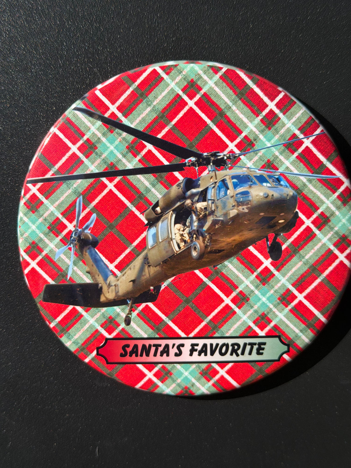 Santa’s Favorite Black Hawk Helicopter Magnet – 3.5” Round Magnet