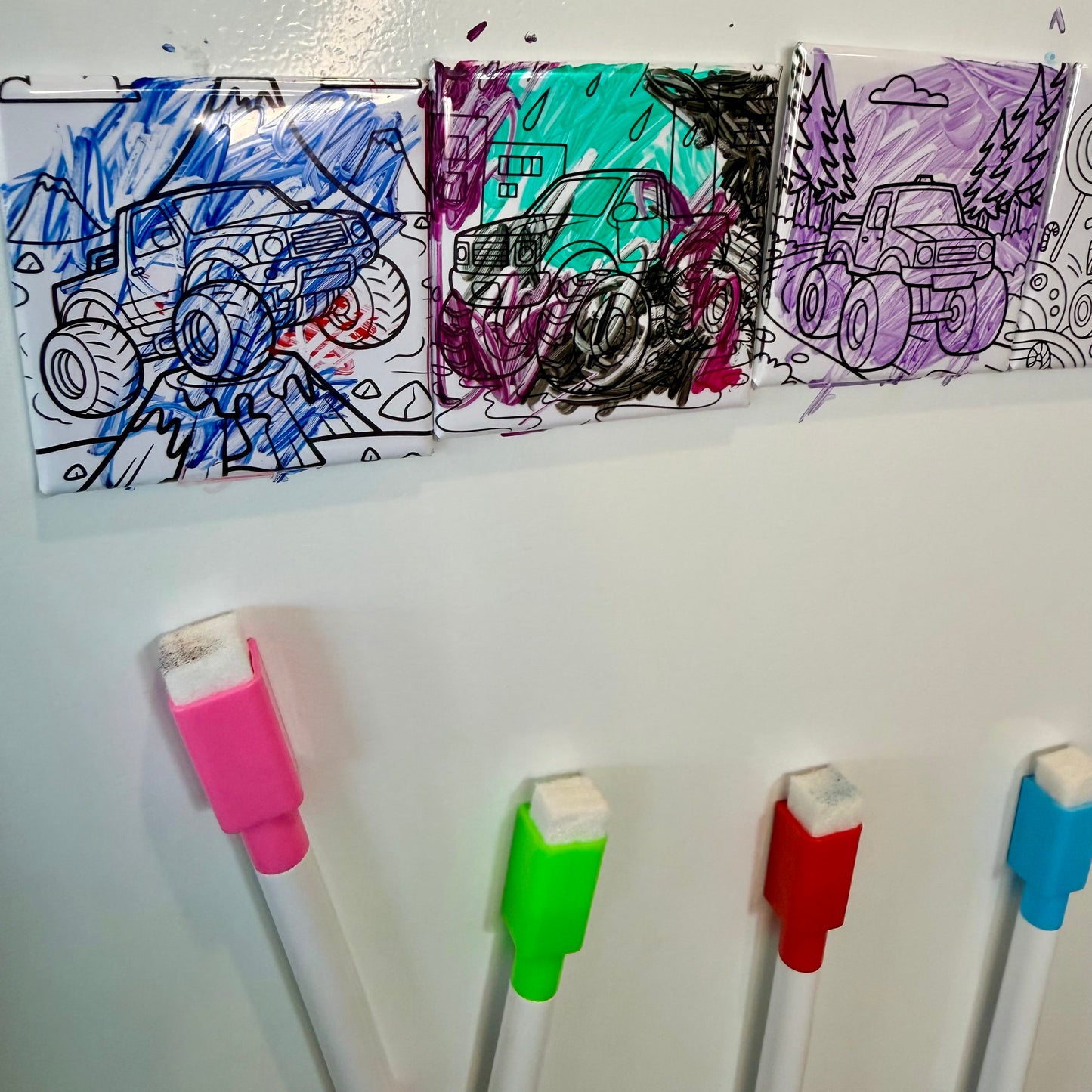 Busy Kid Fridge Kit - 6 Pack Reusable Magnet Set - Monster Truck