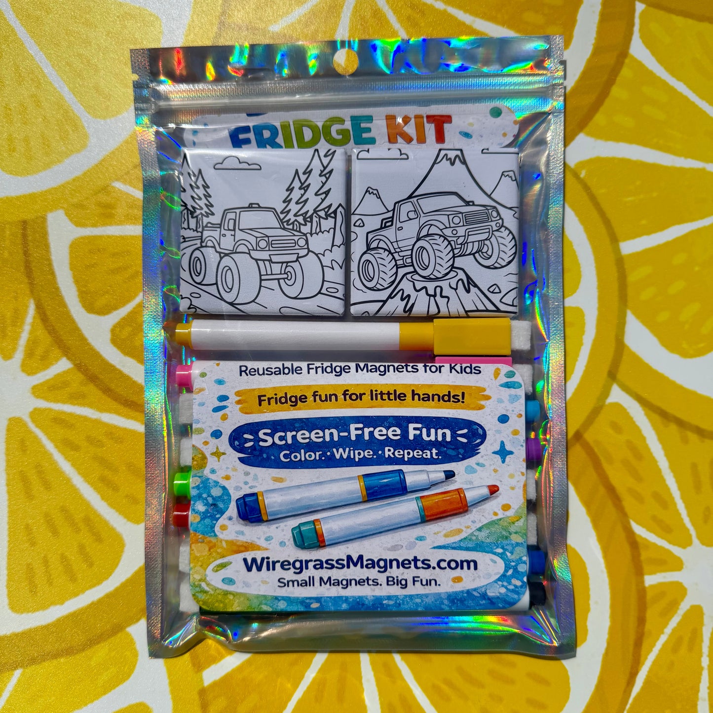 Busy Kid Fridge Kit - 6 Pack Reusable Magnet Set - Monster Truck