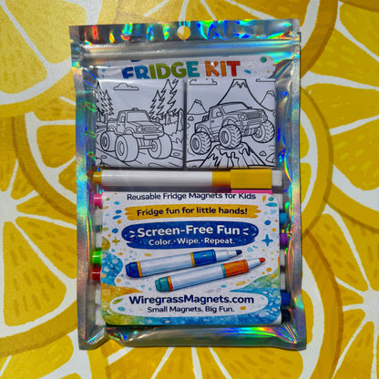 Busy Kid Fridge Kit - 6 Pack Reusable Magnet Set - Monster Truck